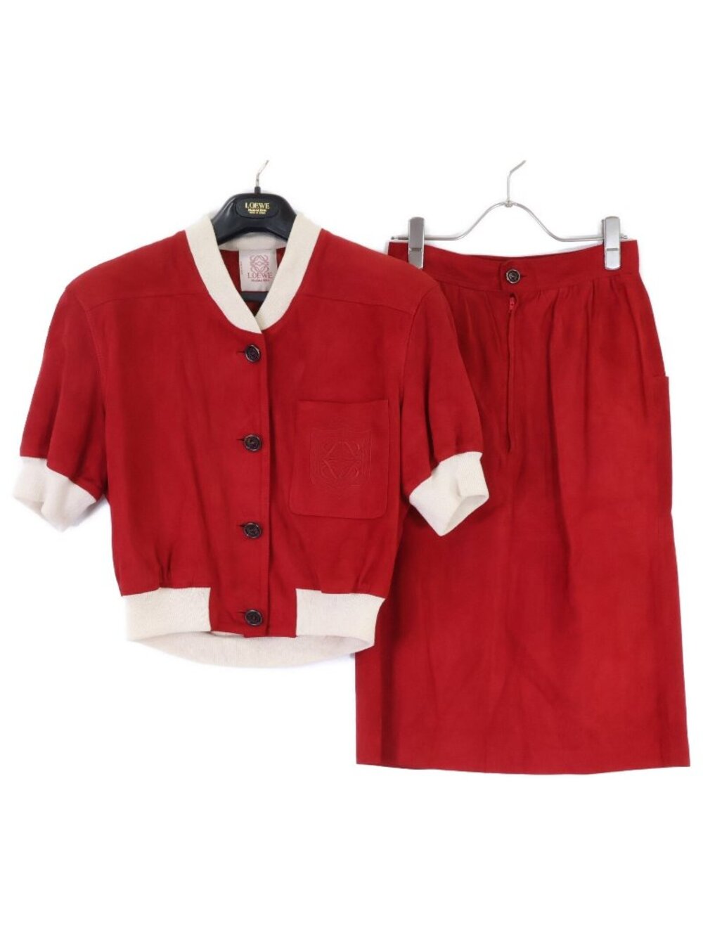 Loewe Suede Anagram Button Short Sleeve Jacket Pencil Skirt Set 38